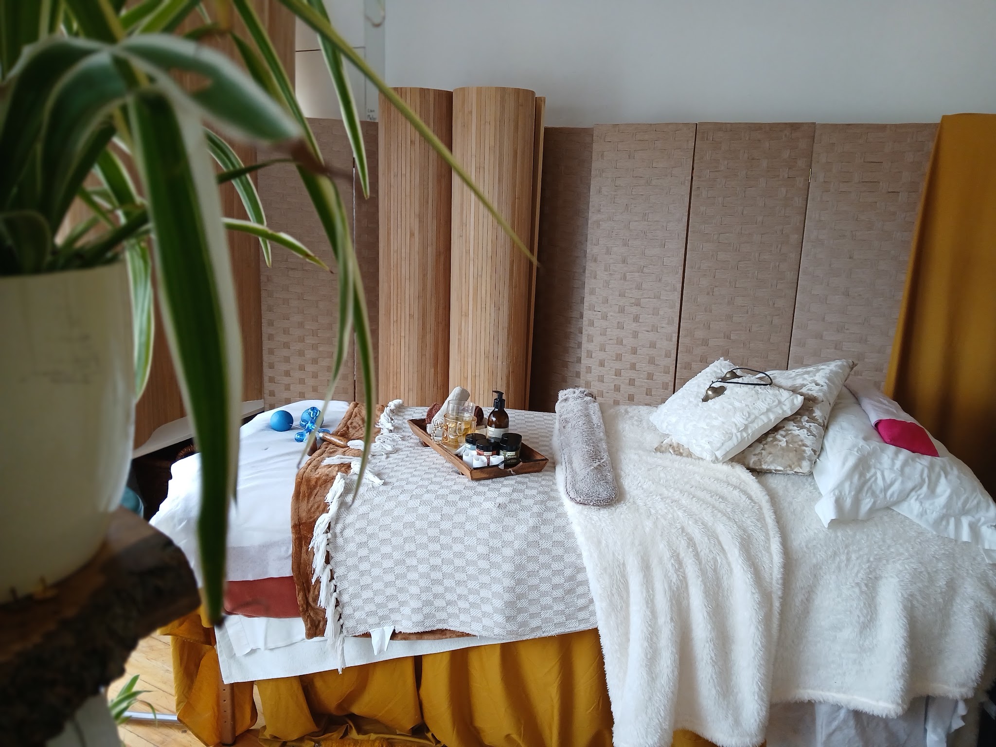 The couch dressed with white blankets, cushions and a product tray, a green plant in front